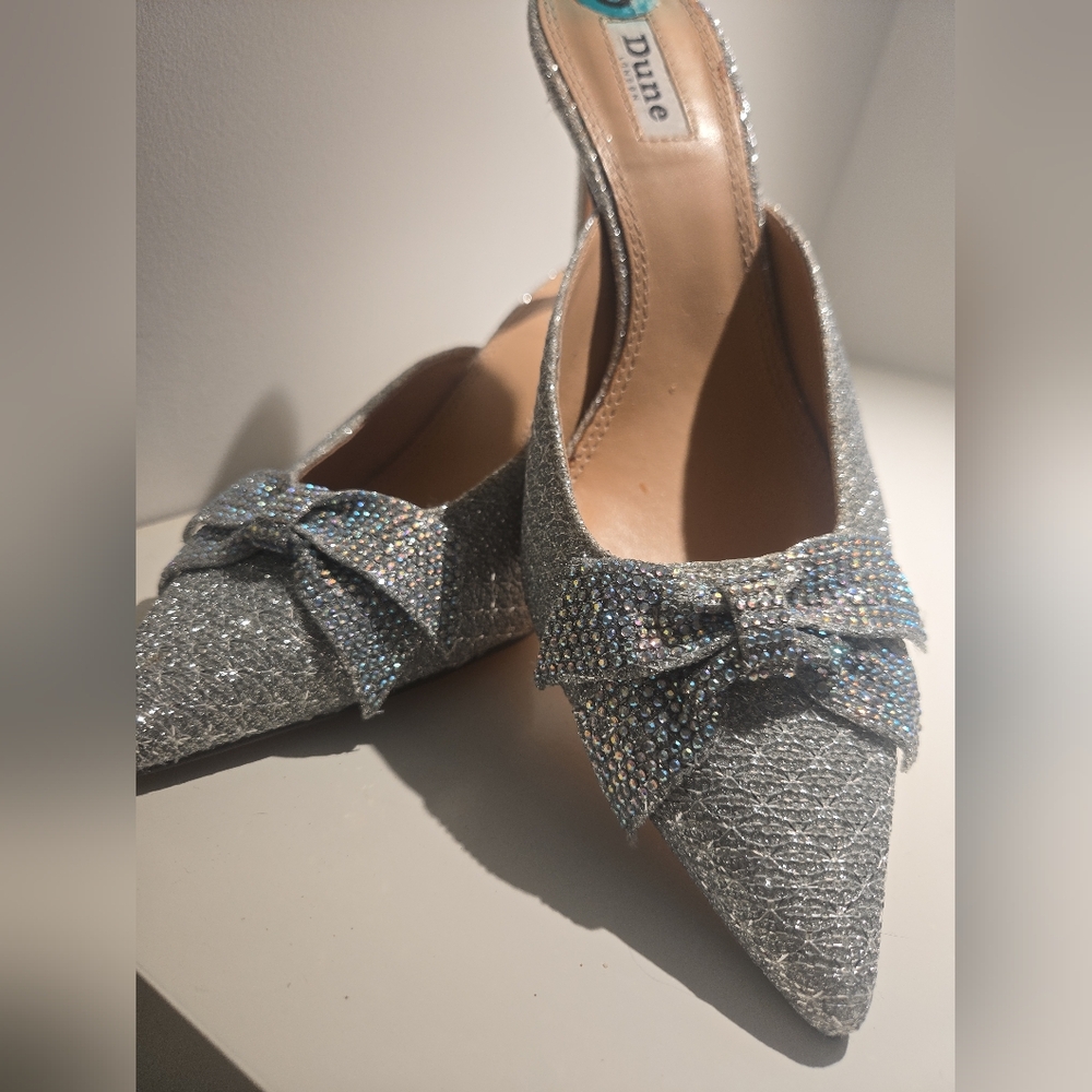 Dune Silver Crystal Bow Pointed Toe Slingback Heels Size 38, Dune , New